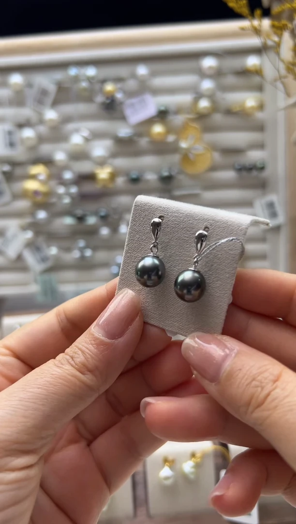 银S925镶嵌耳坠海水珍珠9.5-10mm大溪地水滴耳坠