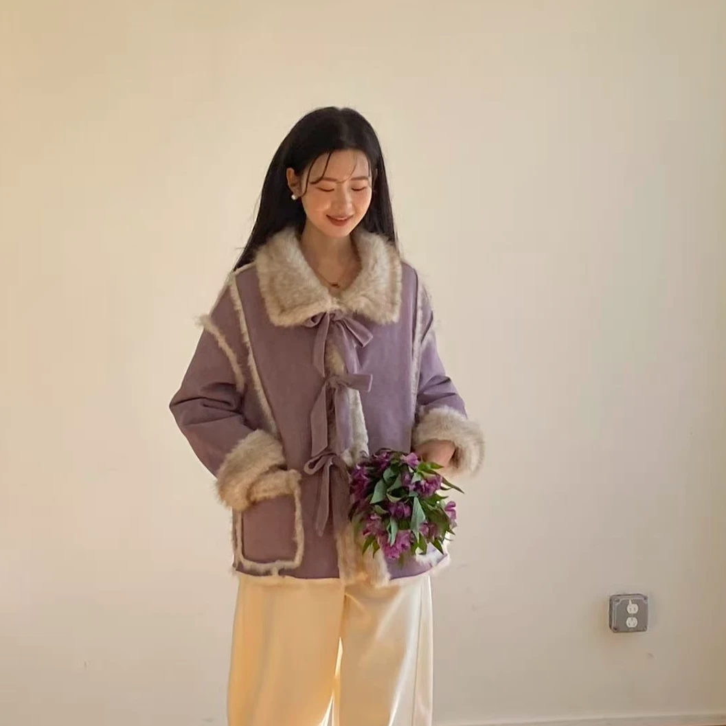 慕兔韩系甜美紫色双面穿外套女2025冬季新款加绒加厚宽松休闲上衣