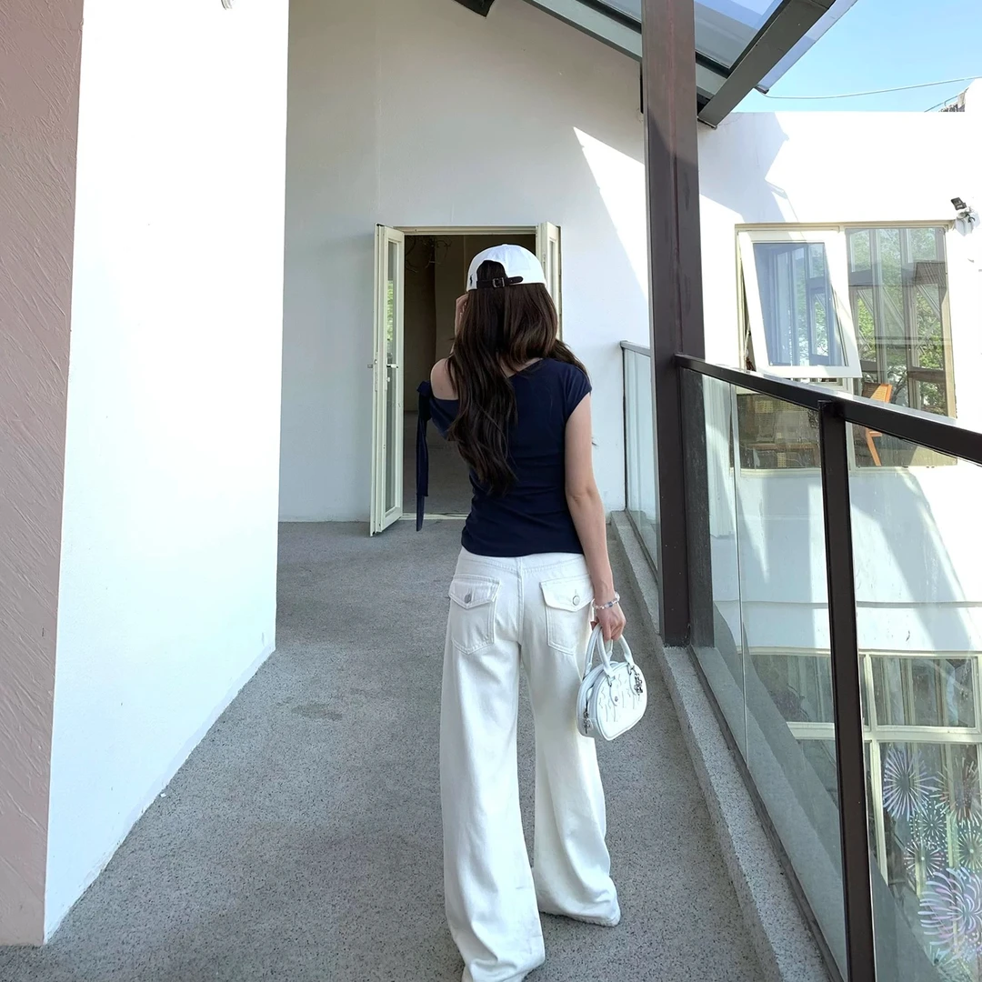 清爽白牛！巨好穿白色宽松显瘦直筒牛仔裤8338