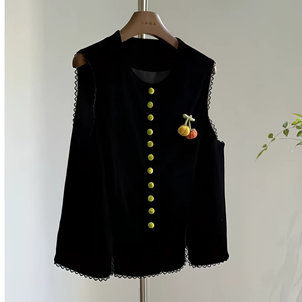 【瑹歌1479】高端黑色马甲新中式薄女款年轻外穿背心国风春秋