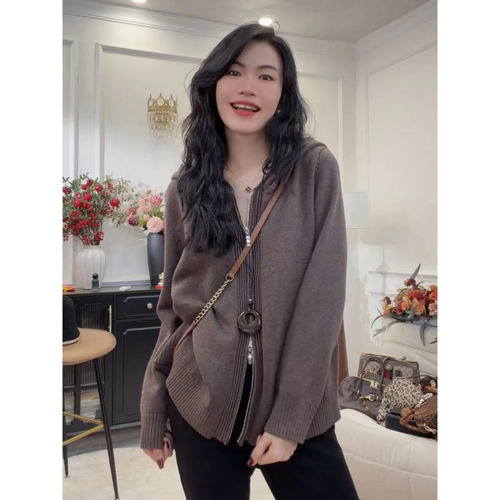 【随性通勤】韩版时尚慵懒毛织上衣女秋冬新款双拉链外套