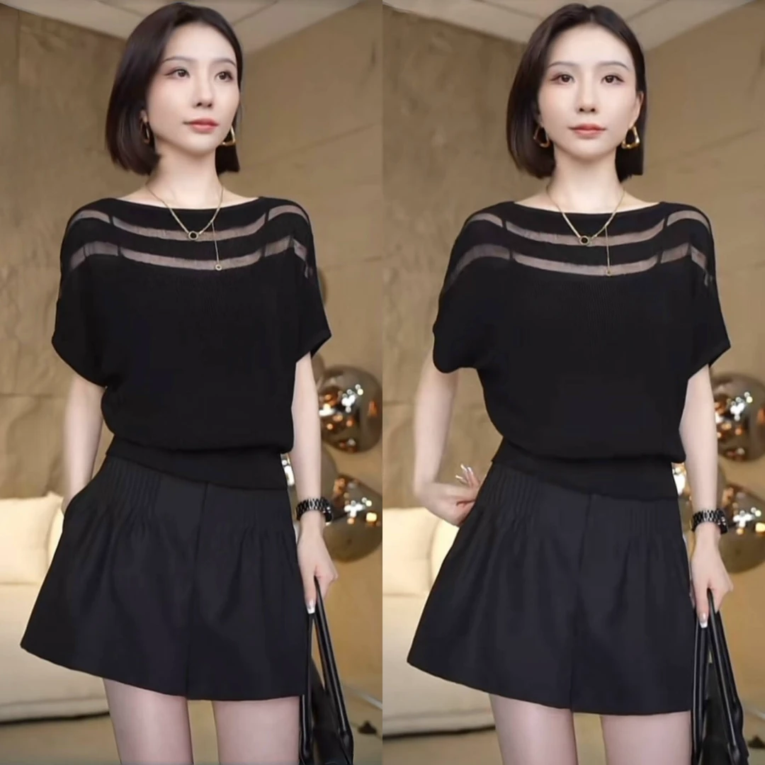 韩系设计感细闪一字领冰丝针织T恤女夏季镂空显瘦薄款蝙蝠袖上衣