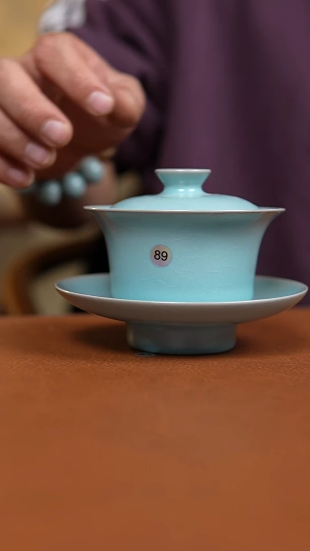 瓷片仿古天青纯手工三才马蹄盖碗