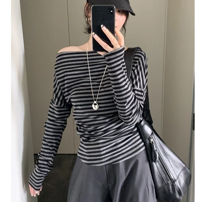 纯欲辣妹一字领条纹长袖T恤女秋冬修身百搭打底衫收腰上衣T90034
