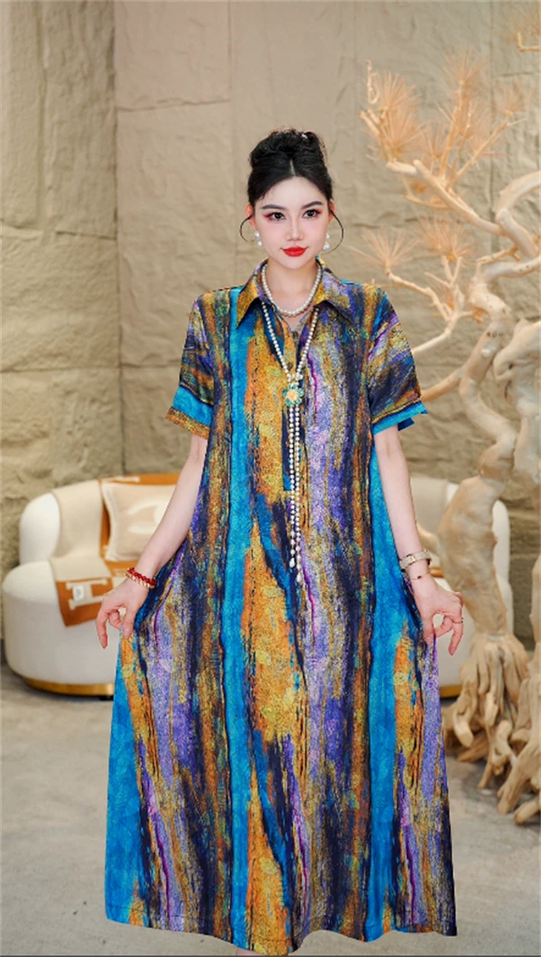 高奢严选丨幻彩流影丨百搭气质显瘦时尚大码中长款连衣裙-1095#