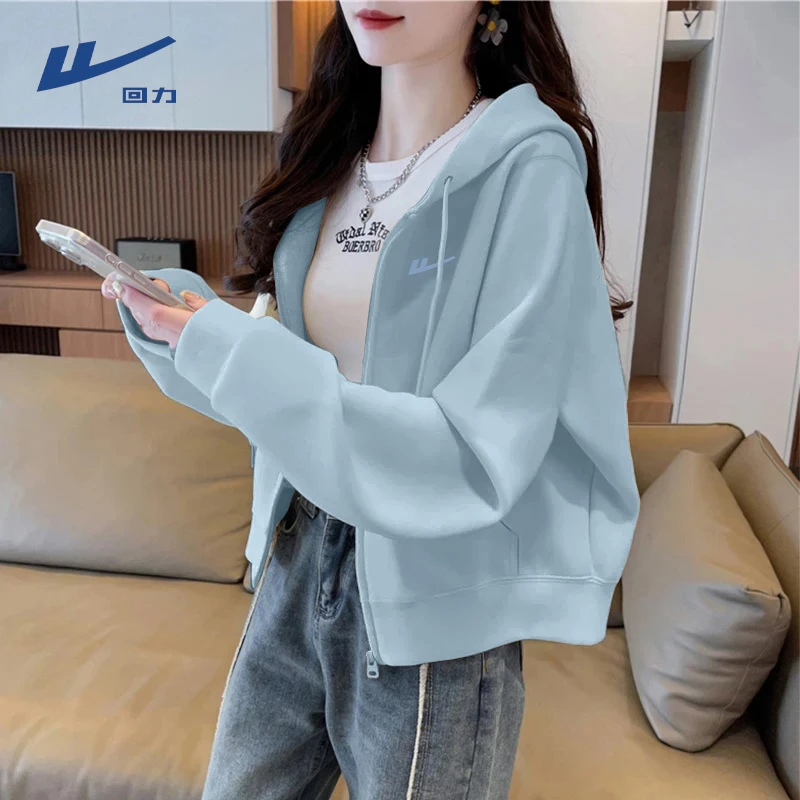 回力短款外套女2025新款早秋今年流行爆款上衣蓝色慵懒连帽开衫L