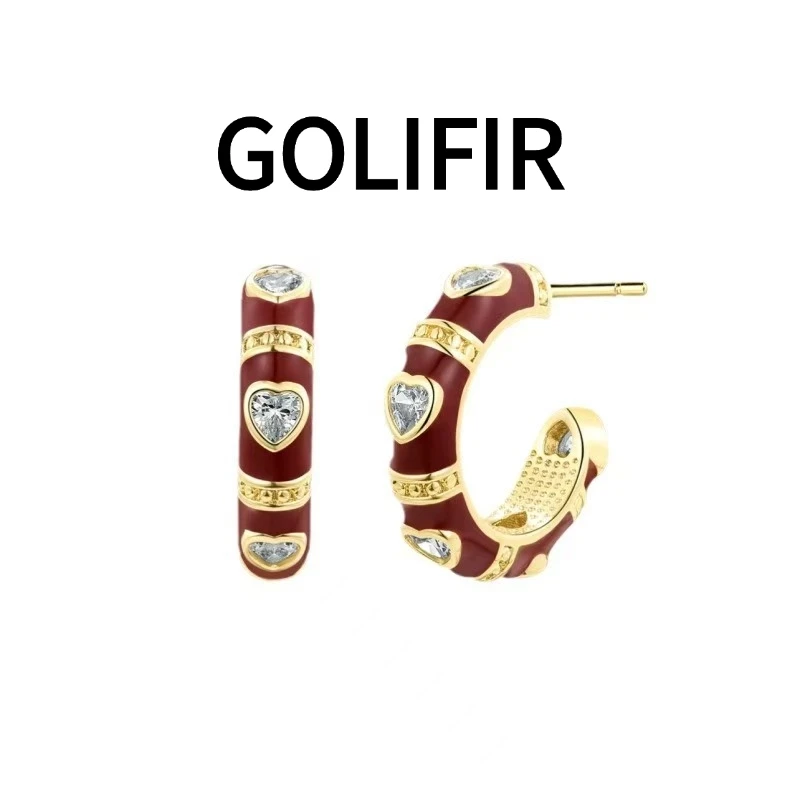 铜合金合成锆石耳饰 【GOLIFIR】赤焰恋心红心镶钻金质耳扣R166