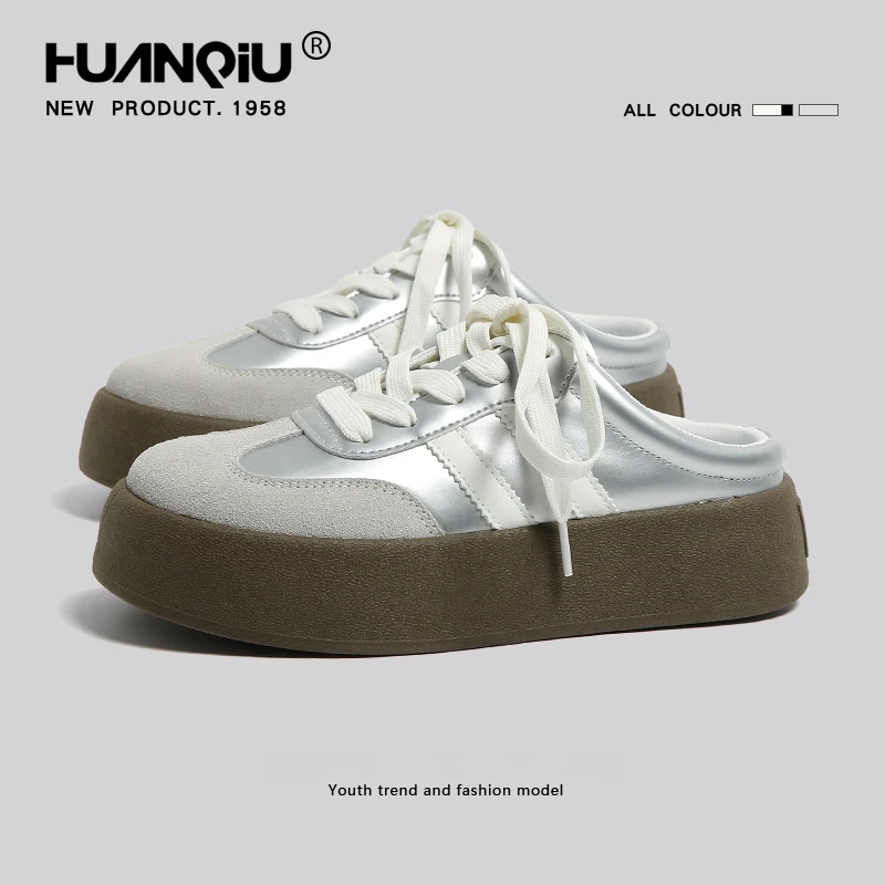 环球银色厚底包头半拖鞋女外穿2025春夏新款一脚蹬办公室德训女鞋