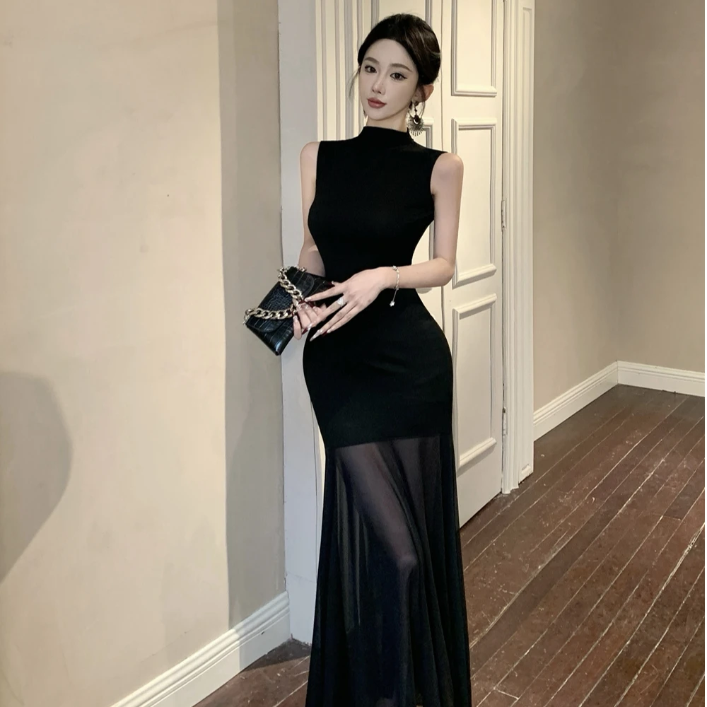 法式黑色网纱拼接连衣裙女夏季新款性感气质修身显瘦a字包臀长裙