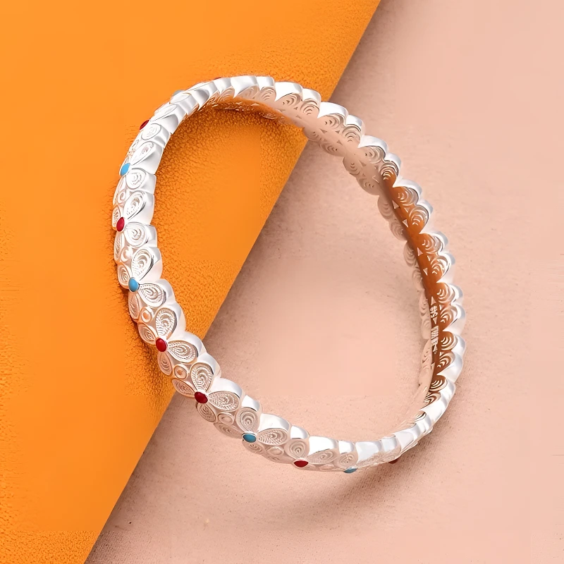 足银手镯 四叶花足银999.9闭口镯学生珐琅彩文艺复古