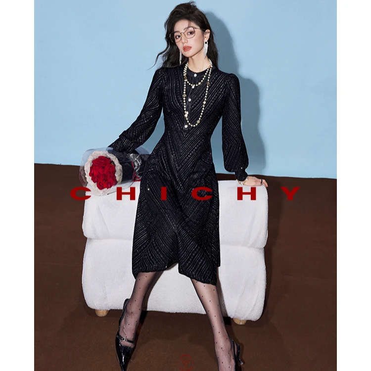 【小呆鸟专享】CHICHY名媛风黑色烫钻针织连衣裙长裙CW8F001244