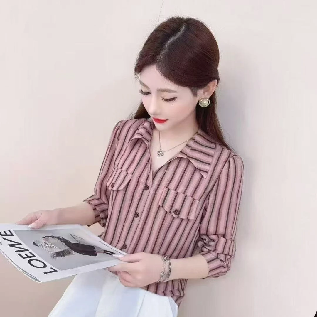 秋季新款时尚百搭条纹衬衫洋气宽松显瘦休闲气质防晒衬衣小衫上衣