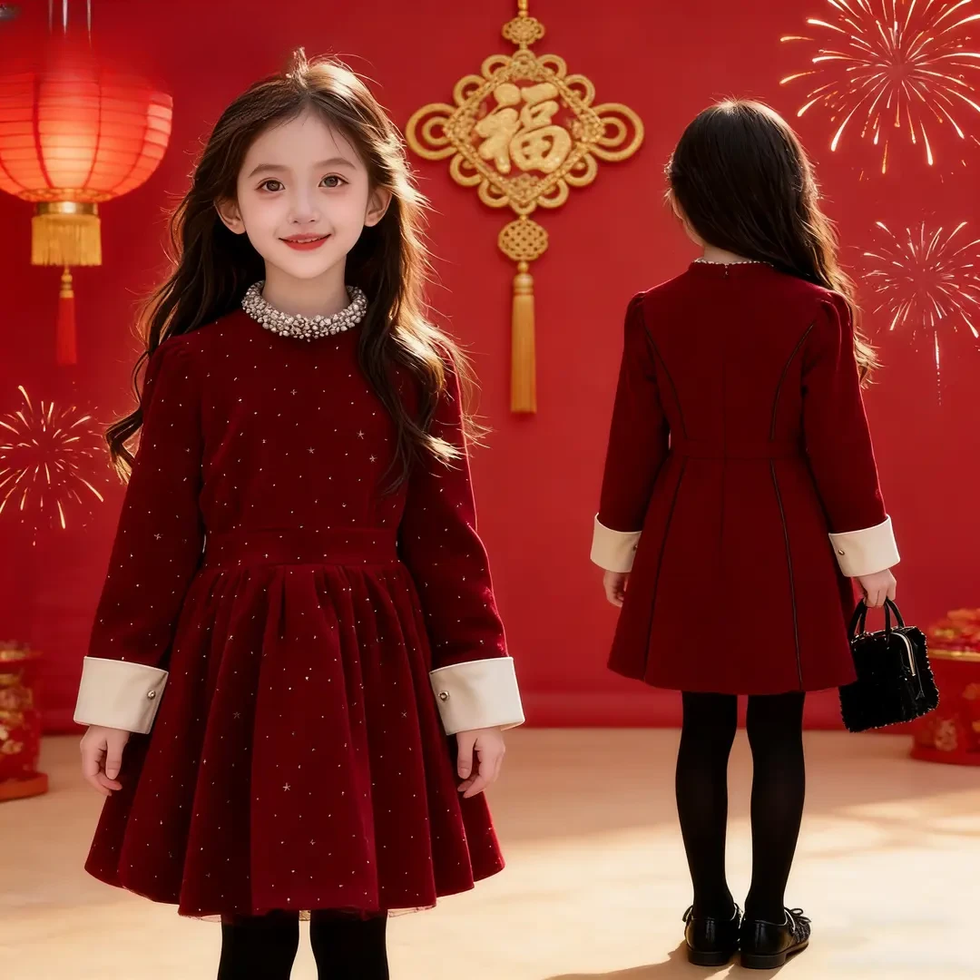 女童加绒连衣裙冬季新款小女孩公主丝绒裙新年服加厚连衣裙2026款