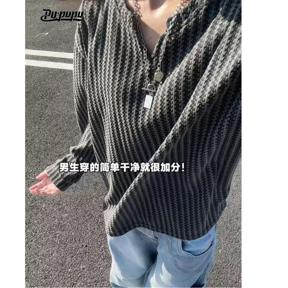 黑色肌理感男士打底衫ins长袖T恤男款秋季潮牌新款体恤正肩打底衫