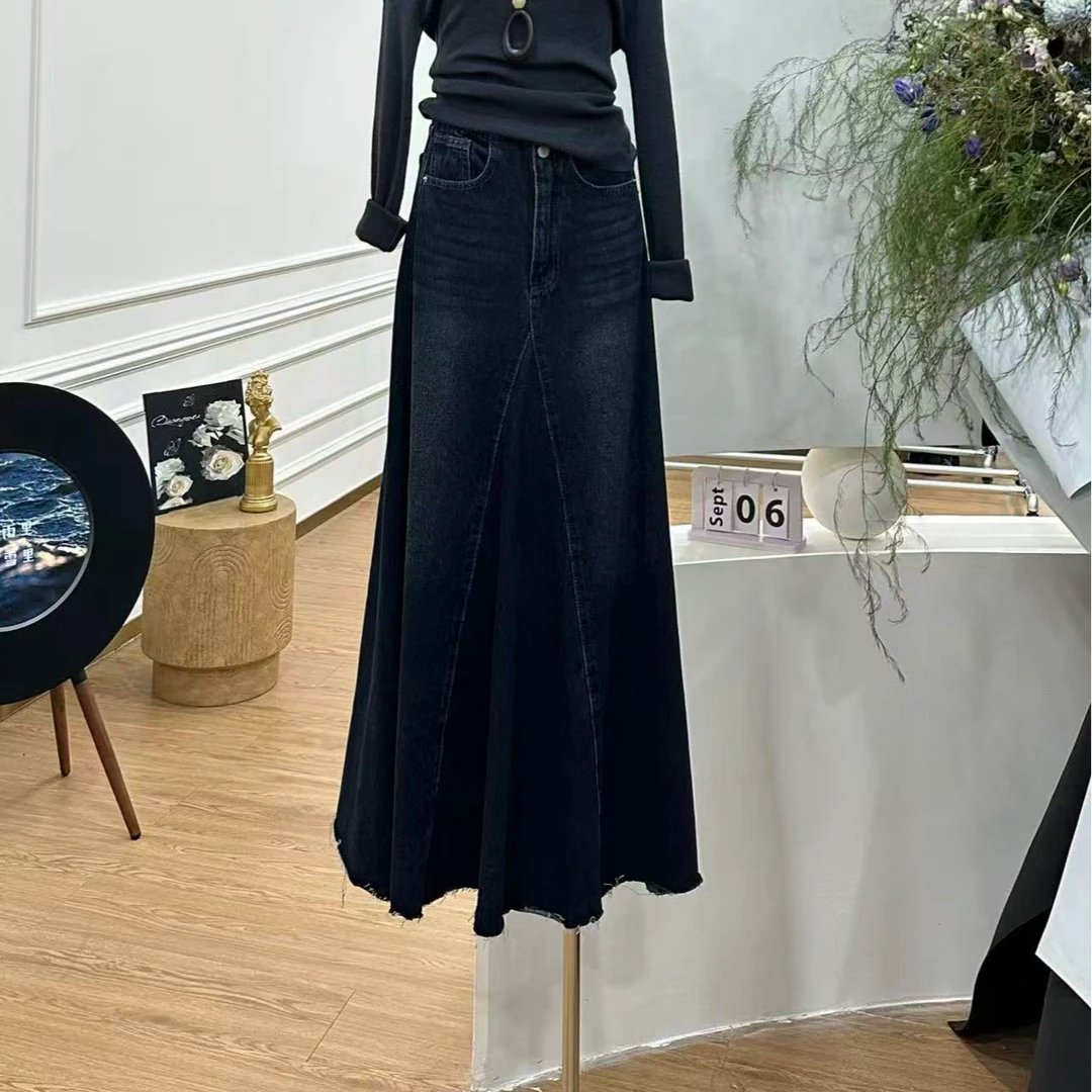 【旧时光蓝调】韩系百搭纯色高腰显瘦半裙-3865