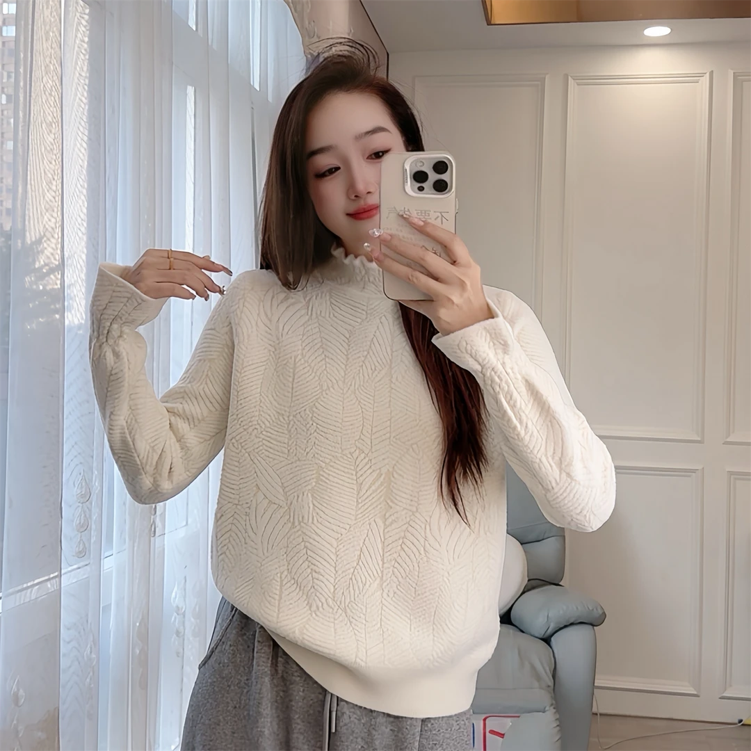 366现货云朵绒加厚秋冬针织衫宽松大码女装半高领长袖套头打底衫