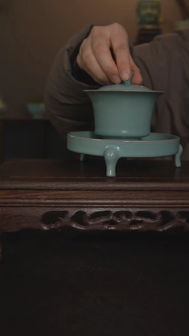 摆件瓷仿古 手工马蹄盖碗+送三足笔洗