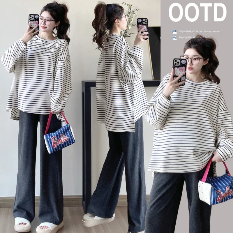 2025孕妇装长袖圆领条纹休闲风常规T恤宽松大码外穿孕期穿搭