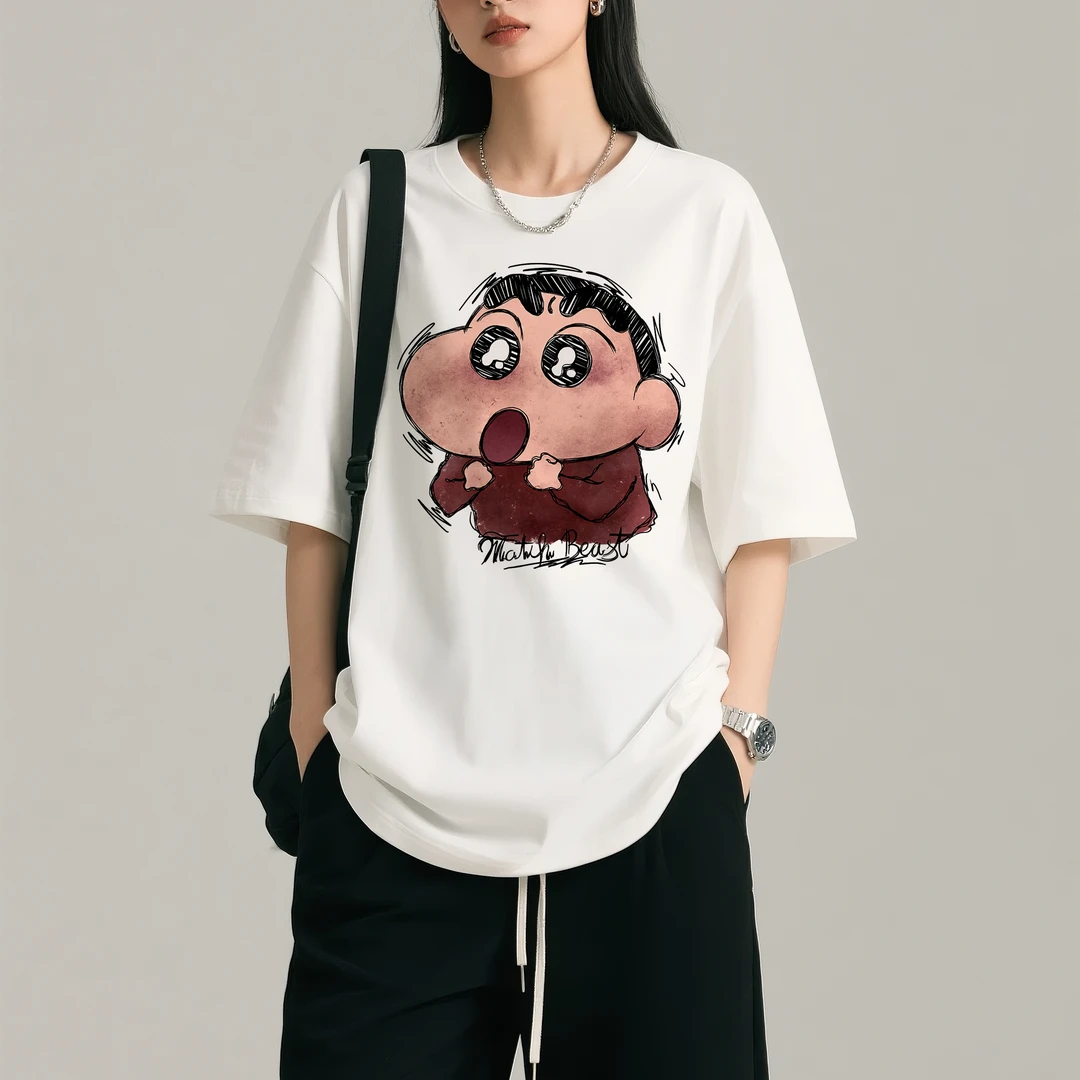 加油吧小新手绘圆领T恤情侣夏季四季通用日系短袖数码直喷