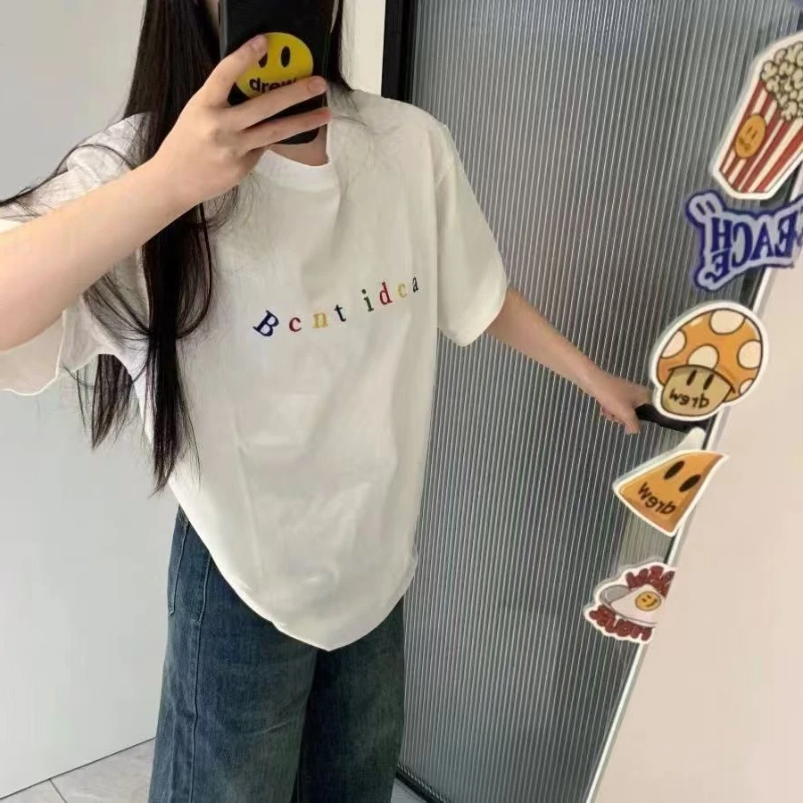 纯棉夏季新款印花圆领短袖女宽松简约上衣显瘦t恤时尚白色休闲ins