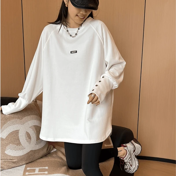 T【圆摆扣子款】新款 秋季新款  宽松时尚 打底圆领长袖 圆弧下摆