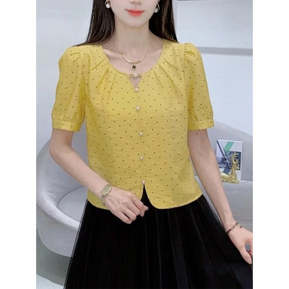 2025时尚夏装韩系气质新款法式圆领短袖衬衫洋气遮肉显瘦衬衫上衣