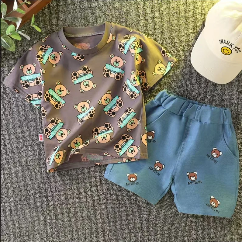 男童小熊短袖套装2025时尚新款夏装儿童休闲风运动帅气宝宝两件套