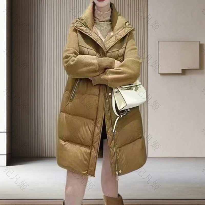 纪凡姬/012-拼接中长款时尚白鸭绒百搭羽绒服外套