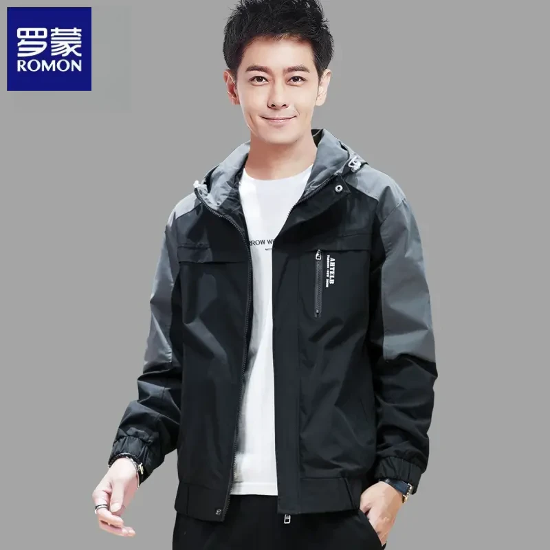 罗蒙男士工装外套男秋冬季潮牌拼接连帽2025新款秋冬百搭夹克男款