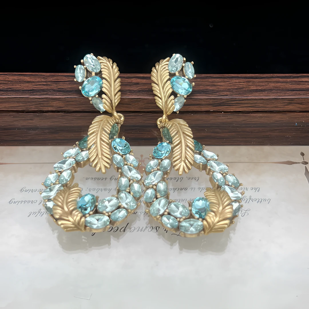 铜合金锆石耳饰 复古气质羽毛重工镶嵌耳饰时尚耳环