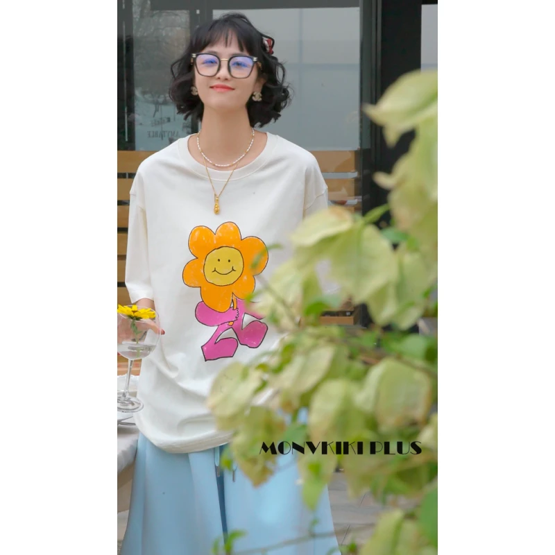 MoNvKiKiPlus2“雨爱“100%棉复古小众设计百搭印花宽松休闲t恤#A27