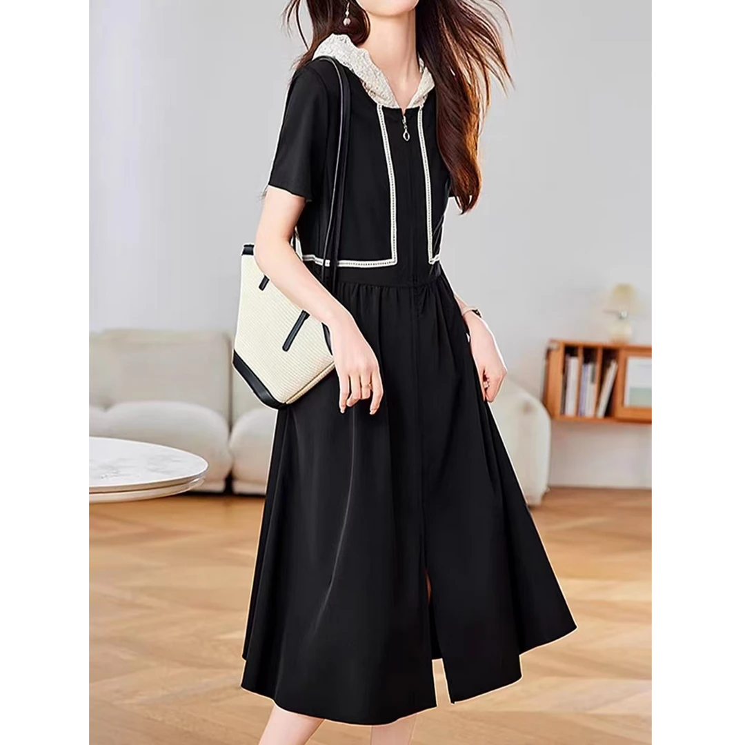 2025夏季新款时尚气质蕾丝拼接连帽小黑裙显瘦连衣裙2529长105