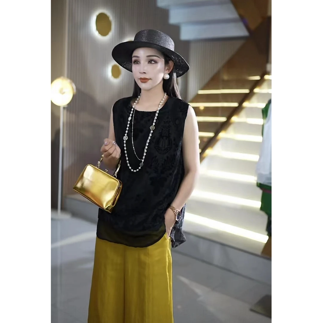 夏季高端时尚百搭洋气贵妇显瘦植绒双层层次小a版上衣df2580002C