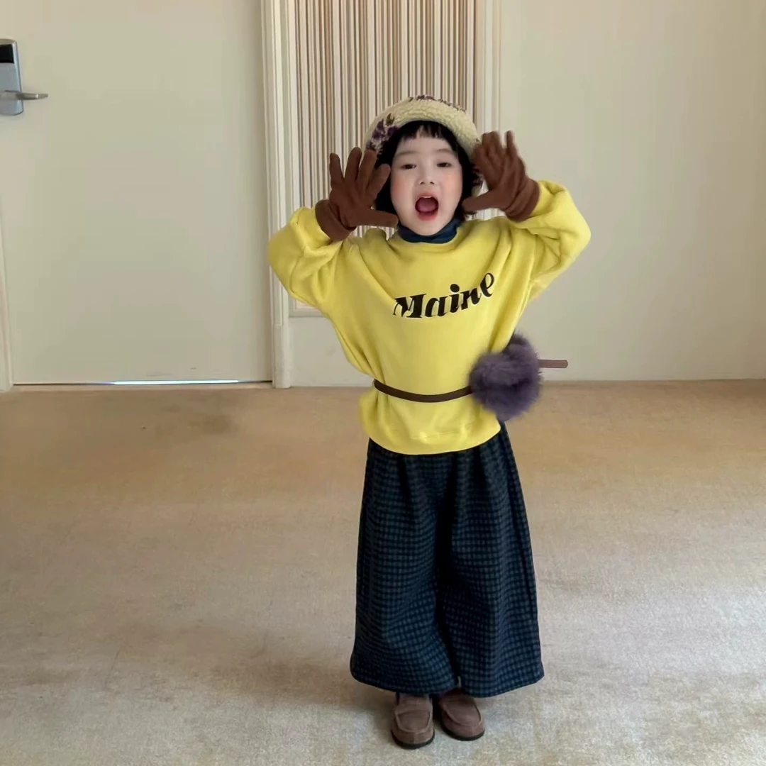 女童卫衣套装2025秋冬新款加绒加厚韩版甜美卫衣格子休闲裤两件套