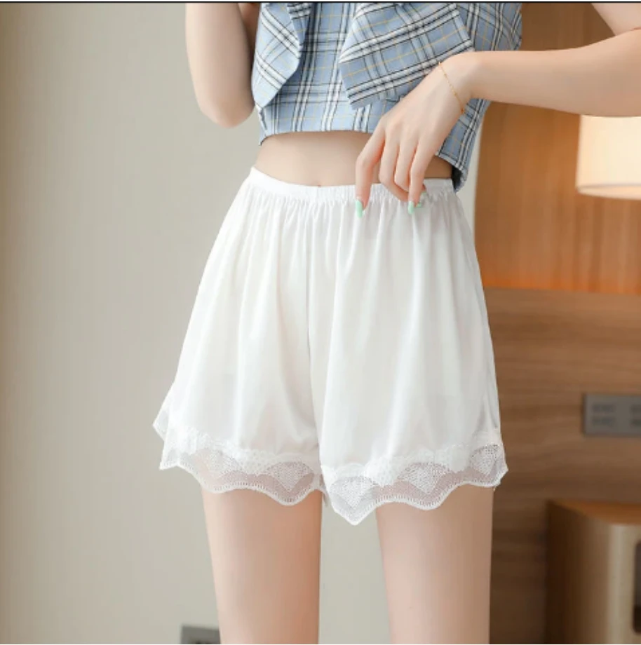夏季宽松冰丝安全裤女防走光可外穿不卷边蕾丝大码保险裤居家