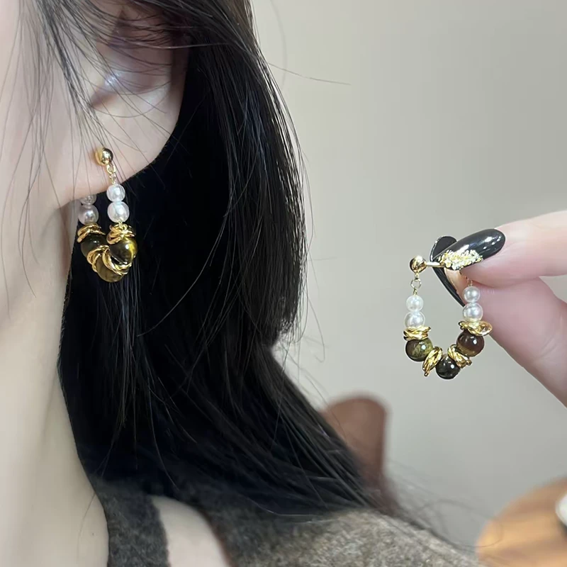 铜合金耳饰 美拉德拼接链条耳环女复古轻奢时尚百搭耳钉秋冬耳饰