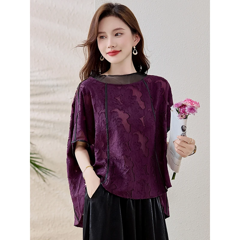 精致提花短袖上衣女2025夏新款气质妈妈装前短后长宽松蝙蝠袖小衫