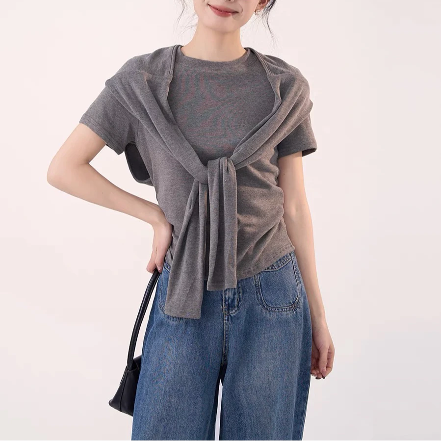 （朵朵家）夏季新款假两件披肩设计T恤