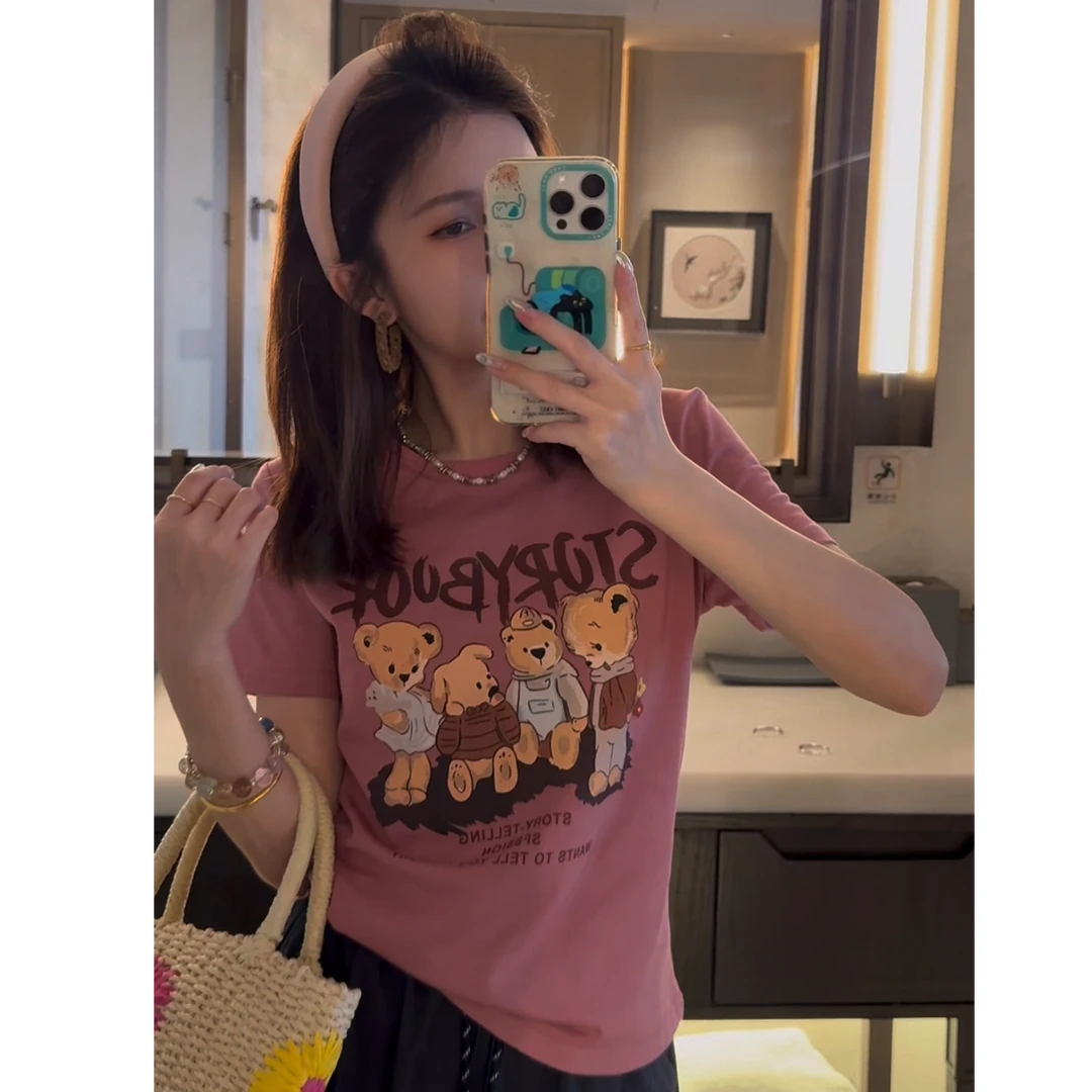 【LIbaibai】夏装2025年新款四只熊短袖T恤上衣BB-2049