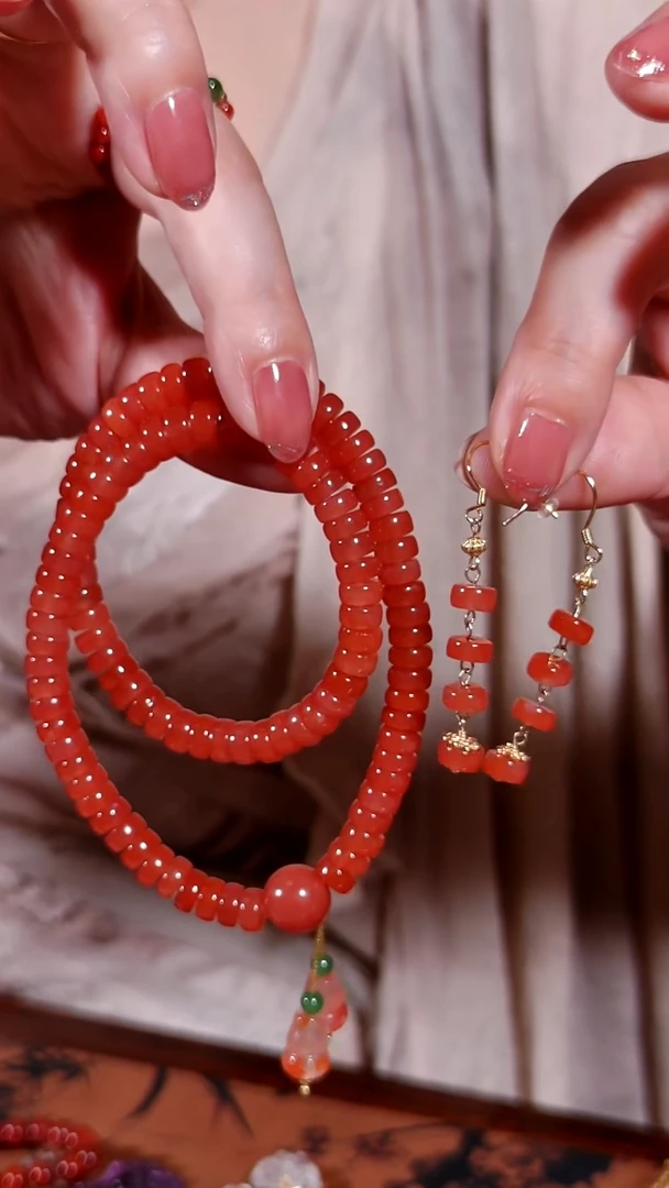 银S925镶嵌保山冰红南红玛瑙手链+耳环