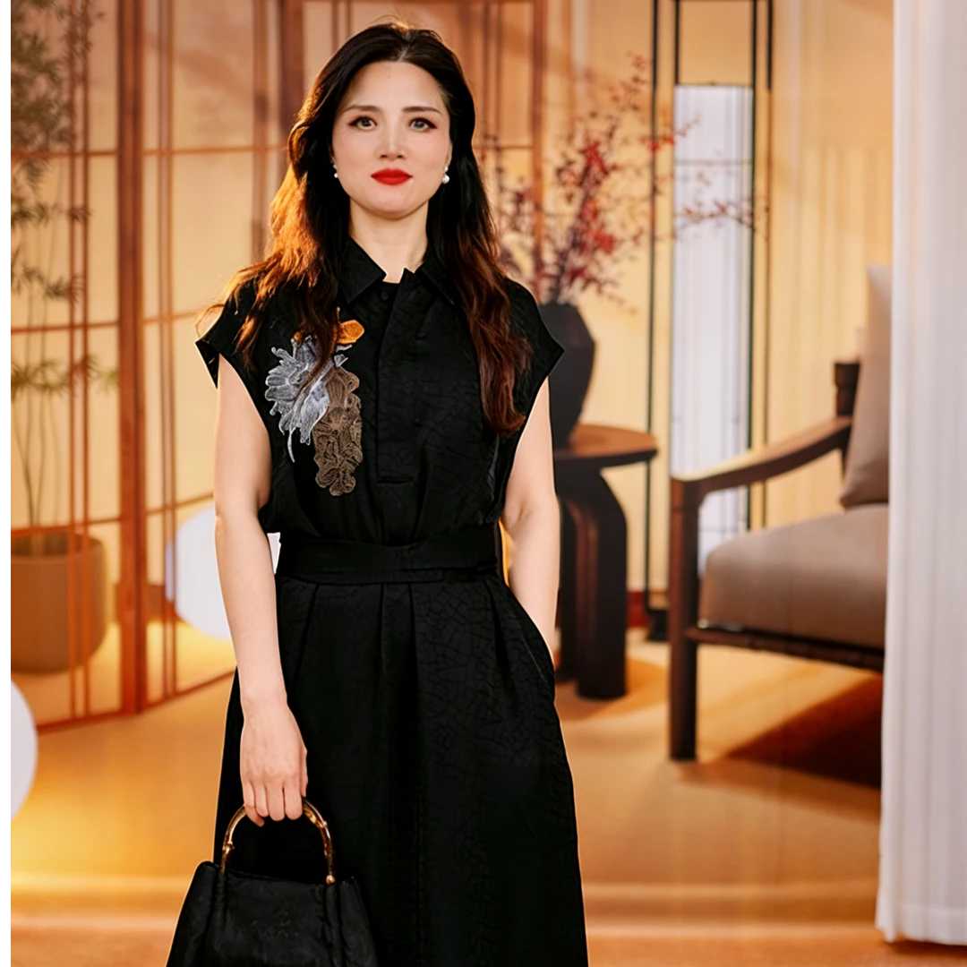 【大鱼海棠】夏季时尚百搭显瘦减龄气质长款连衣裙女黑色收腰修身裙