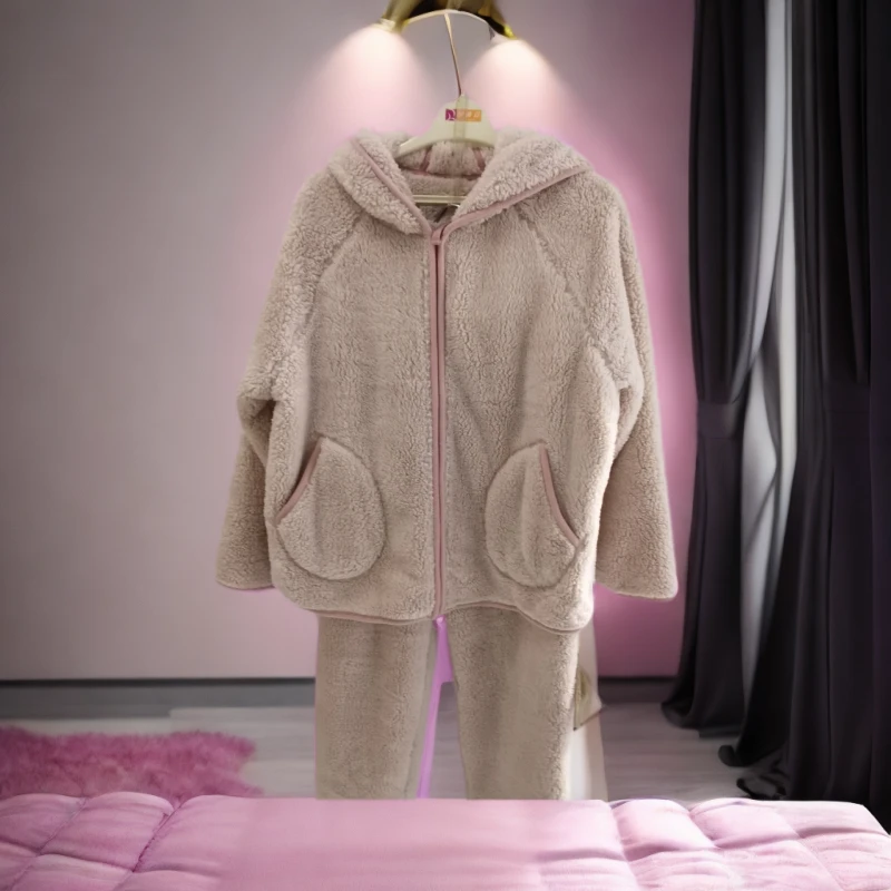暖暖绒连帽加厚秋冬保暖可外穿女睡衣套装