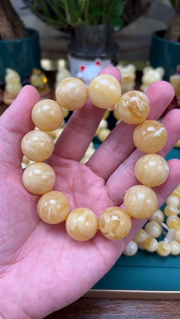 手链蜜蜡未镶嵌【p90】小年份香珀白花手串 32.83克 16mm