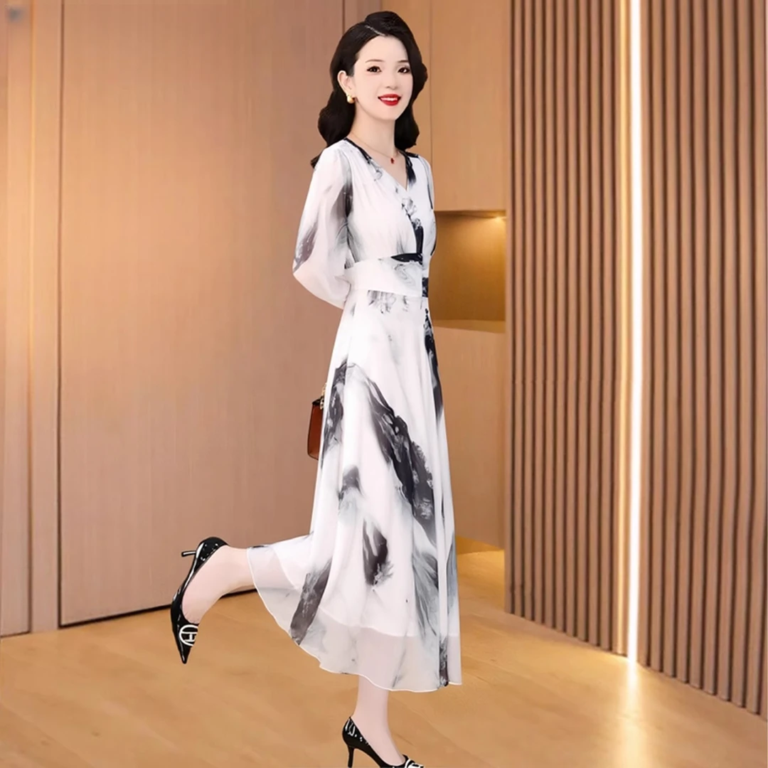 深圳南油气质长裙2025夏季黑白印花时尚优雅轻奢收腰中长款连衣裙