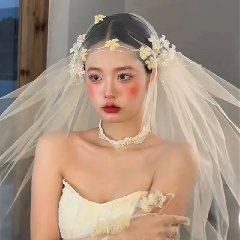 新娘头纱头饰领证花朵复古发饰领证拍照结婚婚纱配饰大气高级大气