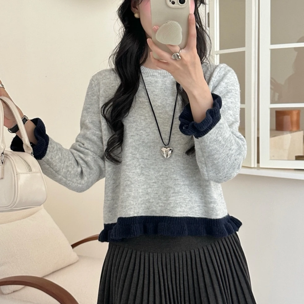 法式木耳边设计感针织毛衣女秋季2025新款复古慵懒风撞色长袖上衣