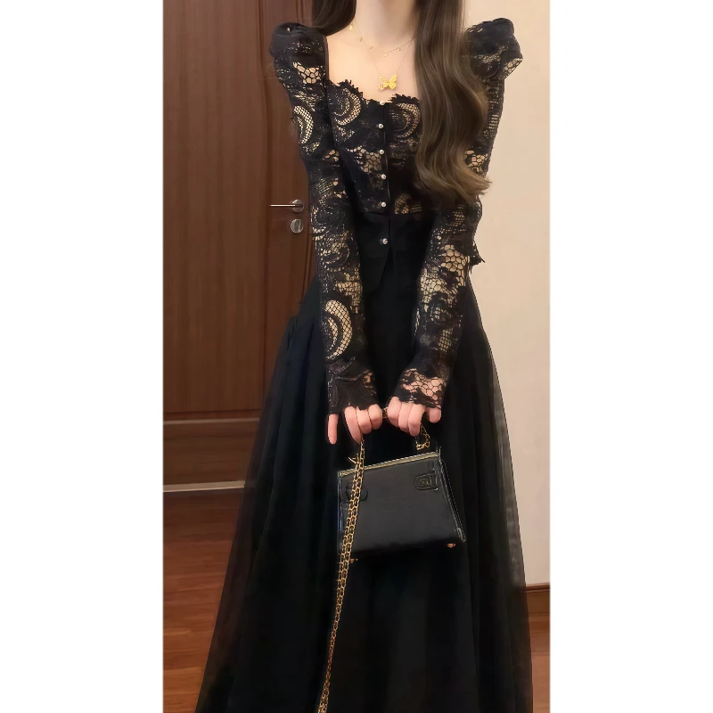 【雕系花嫁】法式高级设计感泡泡袖蕾丝上衣&网纱a字半身裙套装9132