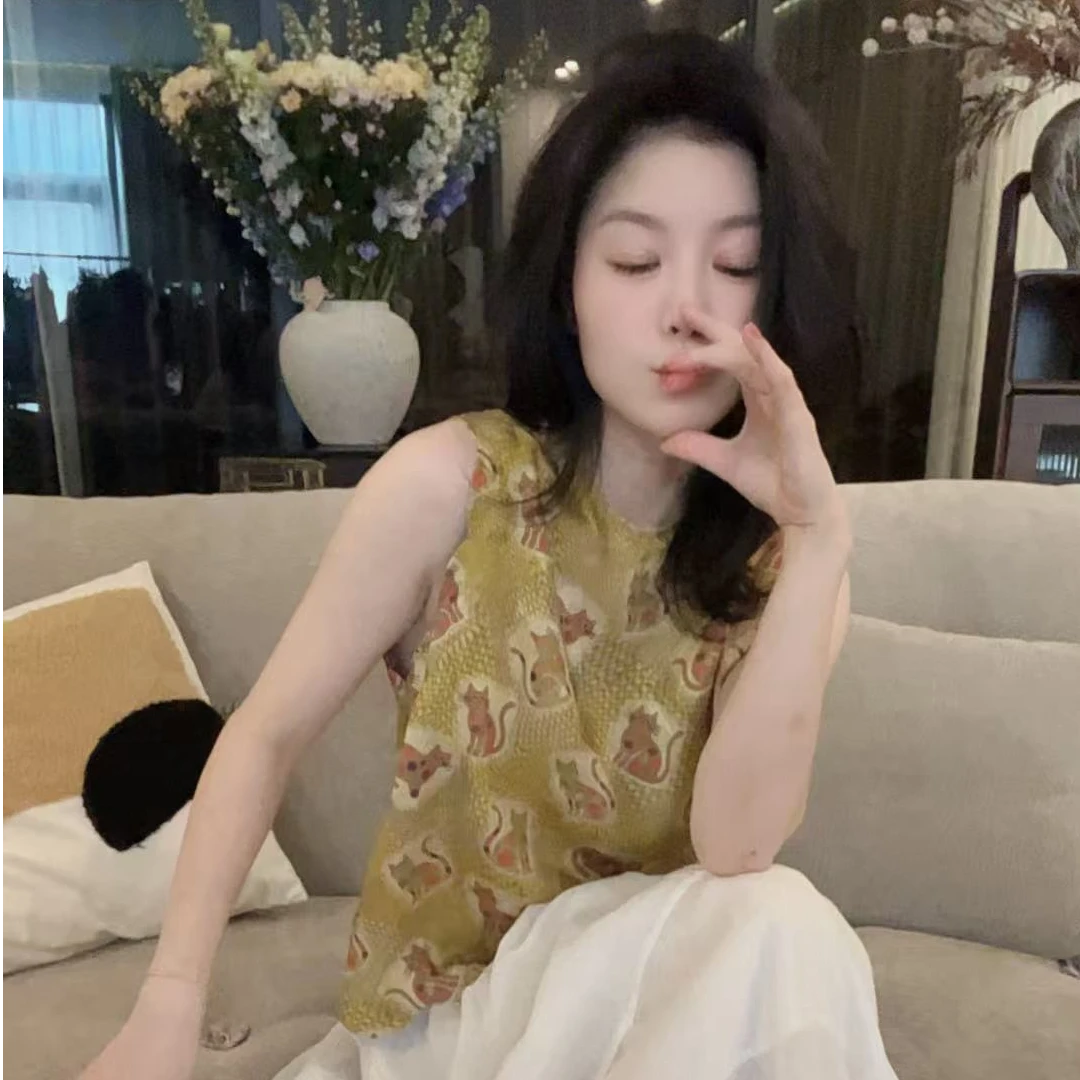 【悦悦专属】新中式新款国风猫咪印花无袖马甲Y533