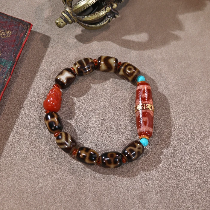 五路财神龙鳞凤X六瓣莲心18k金镶嵌加倍金福令多宝手链S30584