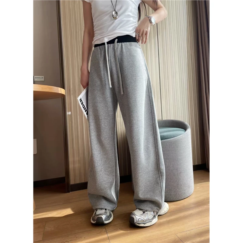 2025春季新款宽松撞色弯刀裤女显瘦阔腿灰色卫裤抽绳百搭休闲裤子